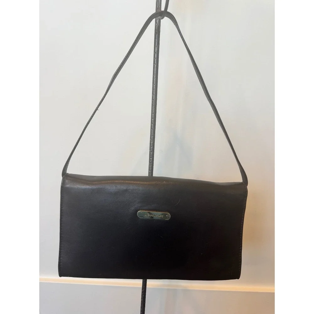 Michael Kors Black Leather Shoulder Bag Gold Interlocking Ring Detail Clutch - Picture 3 of 10